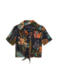 Kurzärmliges, marineblaues Cropped-Shirt mit lebhaften tropischen Blumen- und Blättermustern in Orange, Grün und Türkis. Mit einem geknoteten Vorderteil.