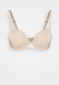 Beige padded bra with smooth fabric, underwire support, adjustable straps, and a triangular center. Simple design with no patterns.