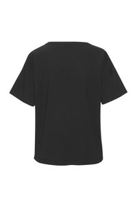 Schwarzes T-Shirt mit kurzen Ärmeln und rundem Hals, aus weichem Stoff gefertigt, mit lockerer Passform und nahtlosen Schultern für einen angenehmen Tragekomfort.