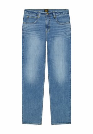 Vaaleansiniset suoralahkeiset farkut, joissa on viisi taskua, vyölenkit, vetoketjullinen suuaukko ja haalistuneet yksityiskohdat reisissä.