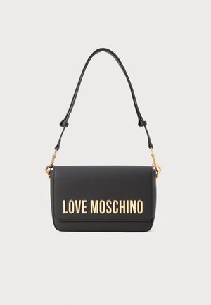 Black faux leather handbag with a gold "LOVE MOSCHINO" logo. Features a single shoulder strap and a sleek, rectangular design.