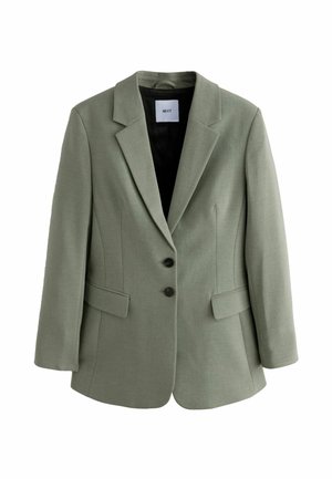 Světle zelený blazer vyrobený z texturované tkaniny, s klopovým límcem, dvěma předními kapsami a dvěma černými knoflíky na zapínání.