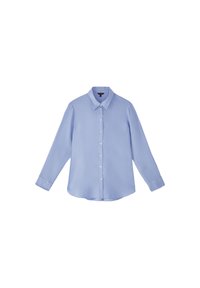 Camicia button-up azzurro chiaro realizzata in un tessuto liscio, con colletto classico, maniche lunghe e una leggera lucentezza. Cinque bottoni sulla parte anteriore.