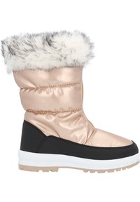Rosa nylon vinterstövel med fuskpälskant, svart gummisula, vadderad design och en vit mellansula. Texturerad yta, vattentålig look.