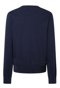 Maglione blu navy con maniche lunghe, scollo rotondo e orlo a costine. Realizzato in un materiale liscio e morbido, senza motivi o accessori visibili.