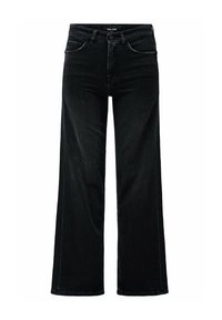 Jeans anchos de tiro alto en negro con bolsillos frontales y traseros, cierre de botón y pasadores para cinturón.