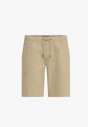 Puhaszövetből készült bézs rövidnadrág, rugalmas derékkal és húzózsinórral, oldzsebekkel, egyenes szabással.