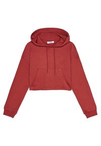 Hoodie cropped di colore rosso scuro, realizzato in un materiale morbido. Presenta un cappuccio, cordini e una tasca frontale. Maniche lunghe con polsini.
