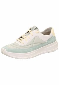 Light green and white sneaker made of leather and suede, featuring a textured toe, lace-up closure, and a thick white sole.