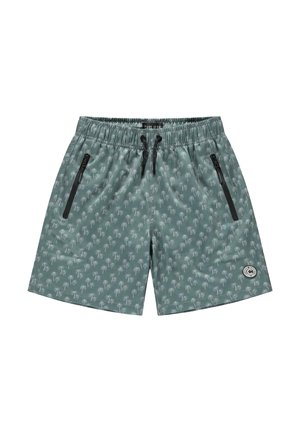 Groene zwemshorts met een palmboom patroon, elastische tailleband met trekkoord en twee zijzakken met rits. Logopatch op de zoom.
