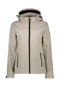 Beige softshell jack met een capuchon, zwarte ritssluiting en zijzakken. Voorzien van verstelbare trekkoorden en een logo op de linker mouw.