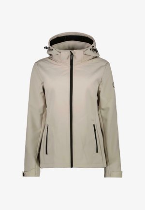Veste softshell beige avec capuche, zip noir et poches latérales. Dotée de cordons de serrage réglables et d'un logo sur la manche gauche.