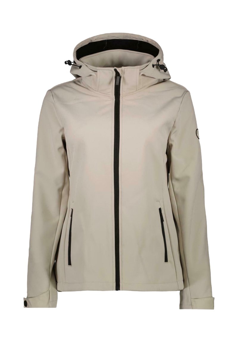Beige softshell jack met een capuchon, zwarte ritssluiting en zijzakken. Voorzien van verstelbare trekkoorden en een logo op de linker mouw.