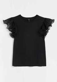 Černé tričko s krátkými řasenými rukávy z černé látky, kulatým výstřihem, hladkým povrchem a rovním lemem. Jednoduchý a klasický design.
