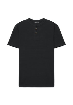 Black short-sleeve Henley shirt with round neckline and two beige buttons on the placket.