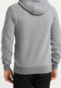 Sweat à capuche gris à fermeture éclair, fabriqué en tissu doux et texturé. Comprend une capuche, des manches longues, ainsi que des poignets et un ourlet côtelés. Design simple sans logos visibles.