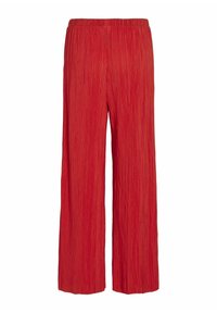 Pantalones anchos rojos hechos de una tela texturizada y plisada. Presentan una cintura elástica y un ajuste suelto y relajado.