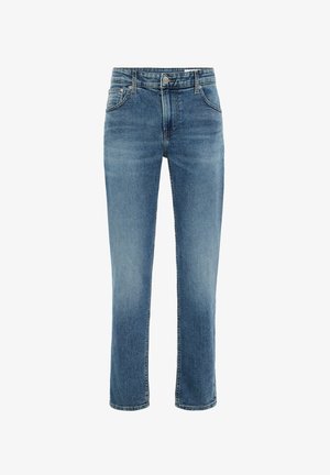 Hellblaue Jeans aus Denim mit geradem Schnitt, fünf Taschen und dezentem Used-Look. Verfügt über einen Metallknopf und Reißverschluss.