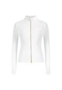 Vit zip-up jacka med långa ärmar, hög krage, texturerad tyg och detaljer i guld på dragkedjan, med en figurnära design.