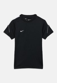 Melna Nike T-krekls ar īsām piedurknēm. Uz pleciem ir balti akcenti un uz krūtīm neliels balts logo. Izgatavots no viegla auduma.