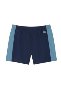 Zwemshorts voor heren in marineblauw met lichtblauwe zijpanelen, voorzien van een elastische tailleband en een klein groen logo op de voorkant.