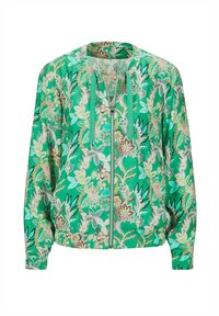 Groene ritsjack met bloemenprint, voorzien van lange mouwen, gegatherde manchetten en een trekkoord bij de hals. Gemaakt van lichte stof.