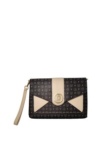Borsa a mano nera e beige con finitura testurizzata, dotata di un design con patta e hardware dorato, motivo con logo in rilievo e tracolla staccabile.