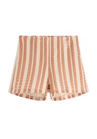 Shorts i et vævet stof med lodrette stribet mønstre i lys pink og creme. Har en tekstureret finish og en tætsiddende pasform.
