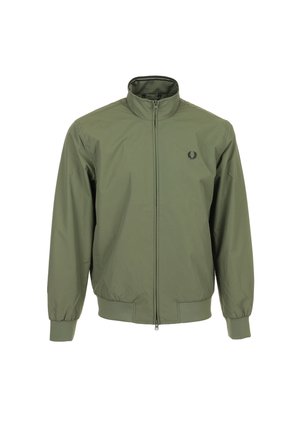 Veste zippée vert olive avec col montant, poignets élastiques et ourlet, et petit logo noir sur la poitrine gauche.