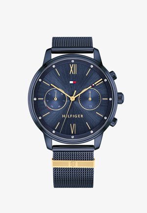 Czarny zegarek chronograf z teksturowaną niebieską tarczą, złotymi akcentami i kryształowymi znacznikami. Bransoleta w siatkę z detalami ze złotego metalu.