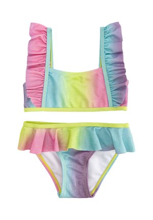 Costume da bagno a due pezzi con colori dell'arcobaleno a ombré, con bordi arricciati su sopra e sotto, dalla texture lucida e con bordo a contrasto.