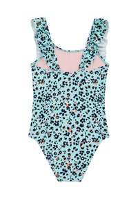 Enklädes baddräkt i ljusblått med mönster av blommor i mörkblått, persika och grönt. Har volangiga axelband och en enhetlig ljusrosa bakpanel.