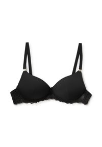 Černá vyztužená podprsenka s krajkovým lemem, nastavitelnými ramínky a kosticí pro podporu. Hladká tkanina v jednobarevném provedení bez viditelných vzorů.