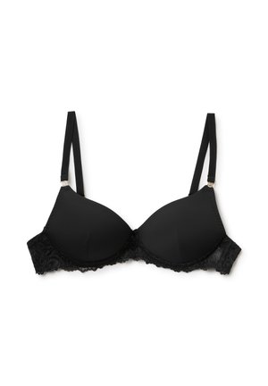 Reggiseno imbottito nero con pizzo, spalline regolabili e ferretto per il supporto. Tessuto liscio di colore uniforme e senza fantasie visibili.