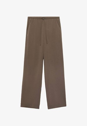 Pantaloni maro cu picioare largi, confecționați dintr-un material neted, având un acestea elastic cu șnur și buzunare laterale. Fără modele sau accente vizibile.