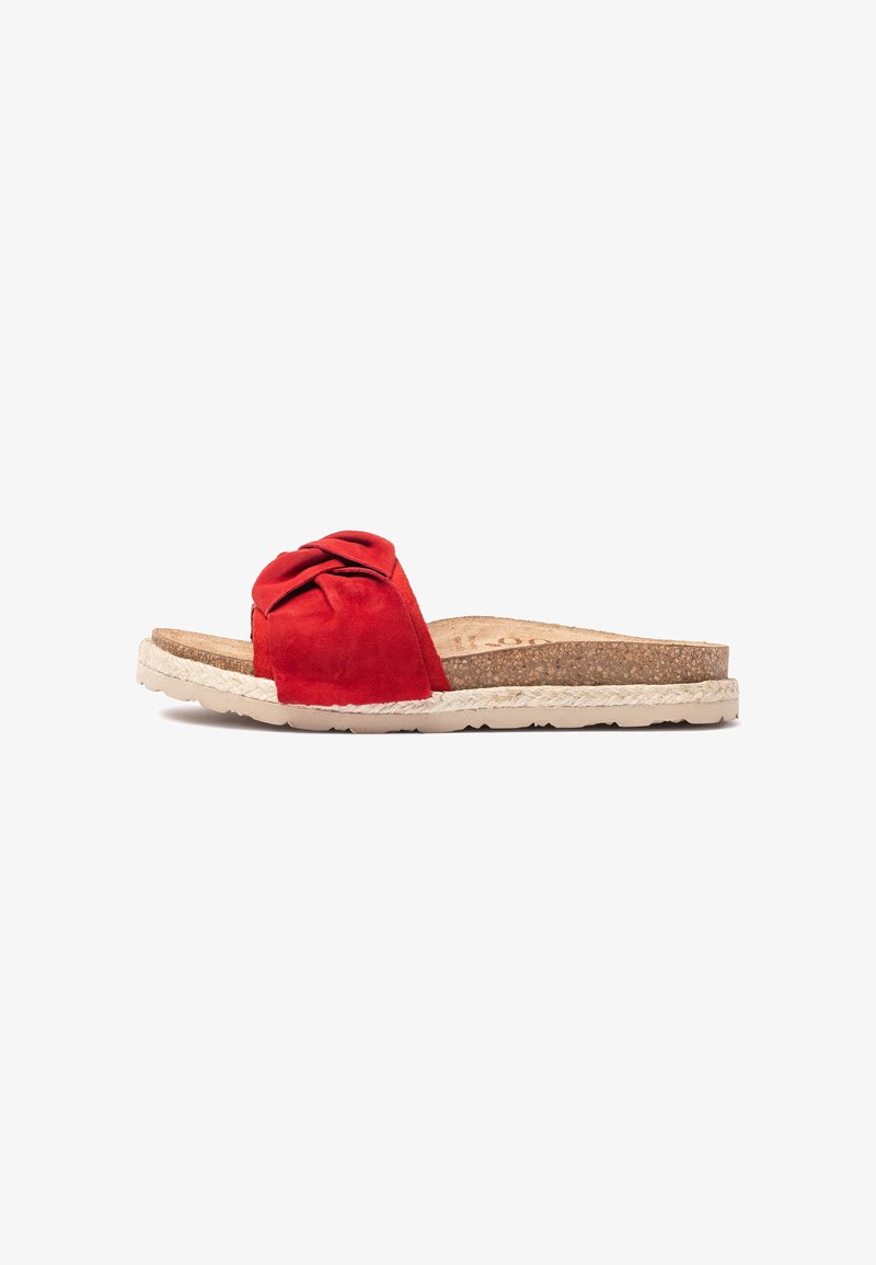 Rote Slippers mit knotenförmigem Wildleder-Obermaterial, Korkfußbett und strukturierter Gummisohle, die eine gestickte Verzierung entlang der Kanten aufweisen.