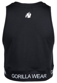 Black sleeveless tank top made of smooth fabric, features a white gorilla logo on the back and "GORILLA WEAR" text along the bottom hem.