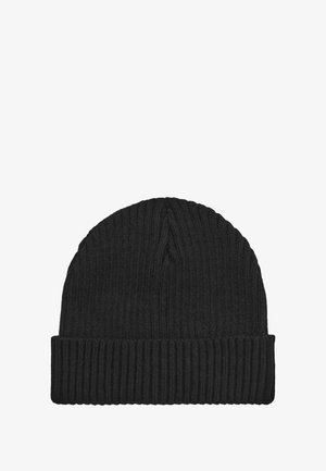 Beanie in maglia nera a coste con risvolto. Texture morbida e parte superiore senza cuciture con linee verticali che creano un motivo uniforme.