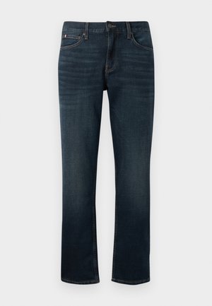 Dunkelblaue Denim-Jeans mit geradem Schnitt. Merkmale sind ein Knopfverschluss, fünf Taschen und kontrastierende Nähte entlang der Säume.