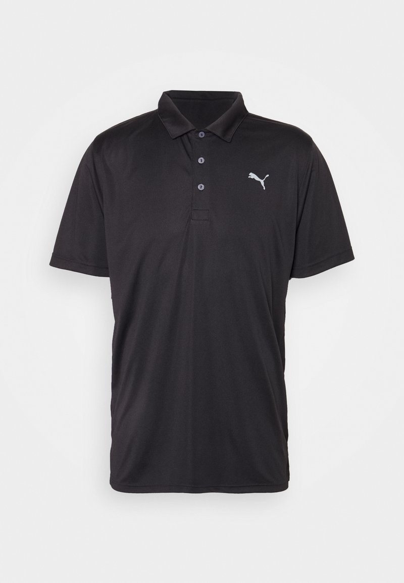 Černé polo tričko vyrobené z hladké látky. Má límeček, tři knoflíky a malé šedé logo Puma na levé části hrudi.