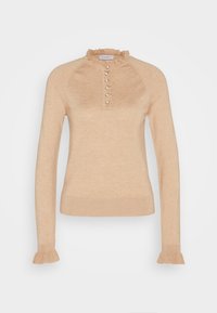Pull en maille beige à manches longues avec col et manches volantés, patte boutonnée avec six boutons en perle au centre devant.