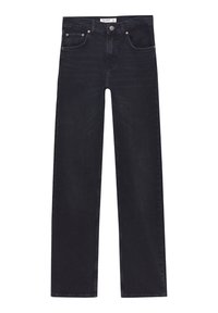 Jeans noirs à coupe droite avec cinq poches, fermeture par bouton et passants pour ceinture, présentés sur un fond blanc.