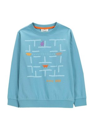 Jasnoniebieska bluza z kapturem z retro wzorem labiryntu z gry arcade z kolorowymi pikselowymi potworami i wynikiem „3256” w kolorze pomarańczowym.