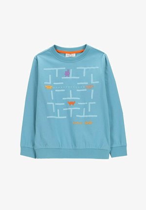 Jasnoniebieska bluza z kapturem z retro wzorem labiryntu z gry arcade z kolorowymi pikselowymi potworami i wynikiem „3256” w kolorze pomarańczowym.
