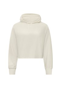 Hoodie cropped in bianco sporco, con cappuccio regolabile, maniche lunghe e polsini a coste, caratterizzato da una texture di stoffa liscia.