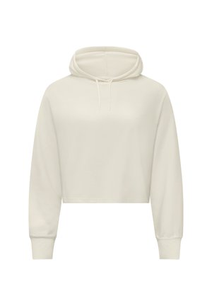 Hoodie cropped in bianco sporco, con cappuccio regolabile, maniche lunghe e polsini a coste, caratterizzato da una texture di stoffa liscia.