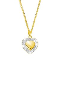 Gouden hartvormige hangertje met een glad middenstuk en heldere rhinestones die rondom de rand zijn geplaatst, hangend aan een gedraaide gouden ketting.