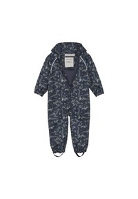 Marinblå barnregnjacka med dinosaurtryck, elastiska ärmslut och huva. Tillverkad av vattentåligt material med hel dragkedja.