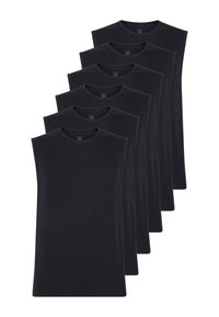 Magliette senza maniche nere esposte in fila. Realizzate in tessuto morbido, presentano un collo rotondo e un orlo dritto. Design semplice.