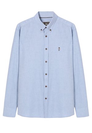 Hele sinine pikkade varrukatega nööbiga särk, millel on krae, tumedast pruunist nööbid ja väike tikand rinnapiiril.